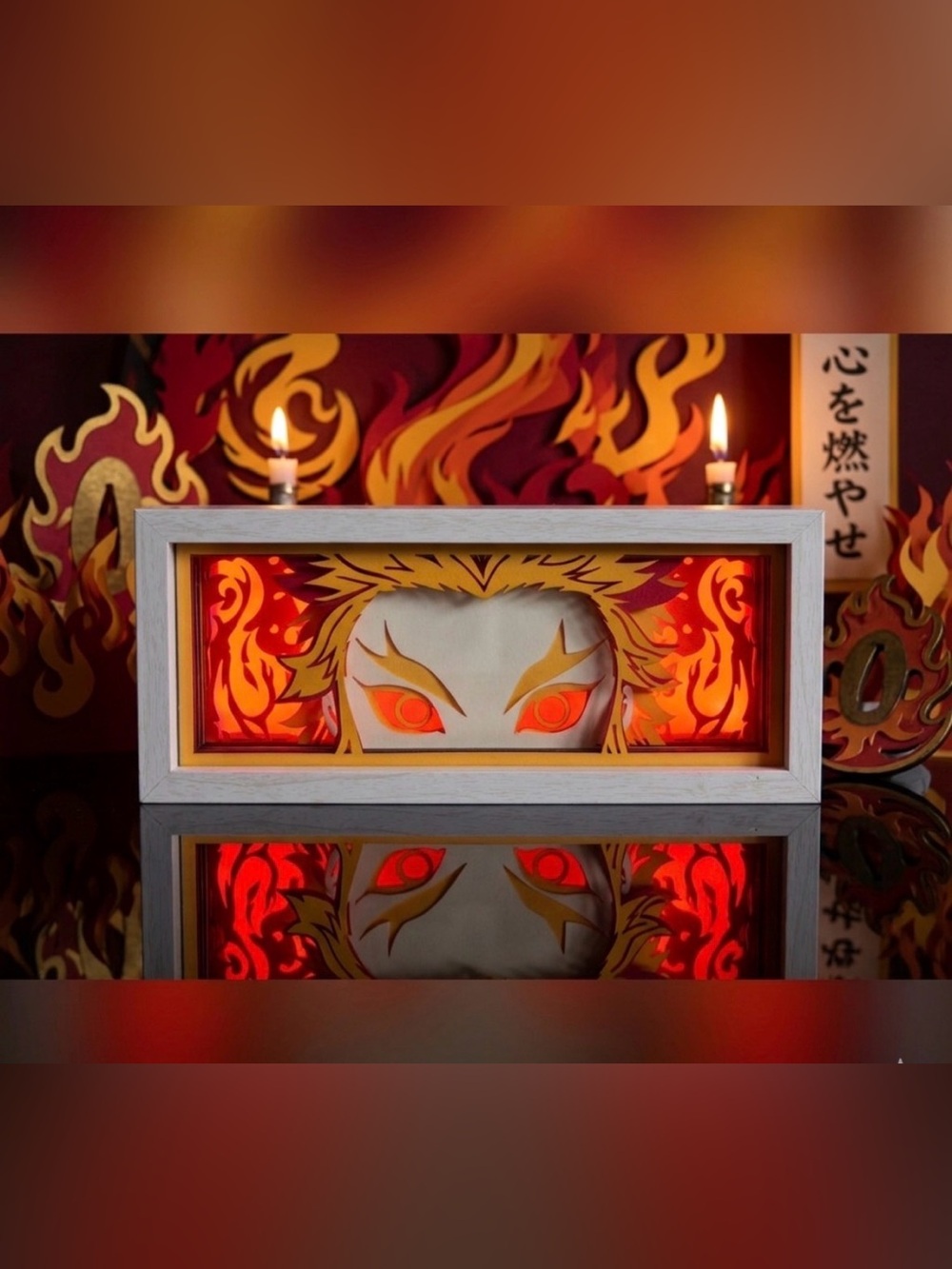 LED Framed Anime Eye Art Rengoku from Demon Slayer - various colour backgrounds